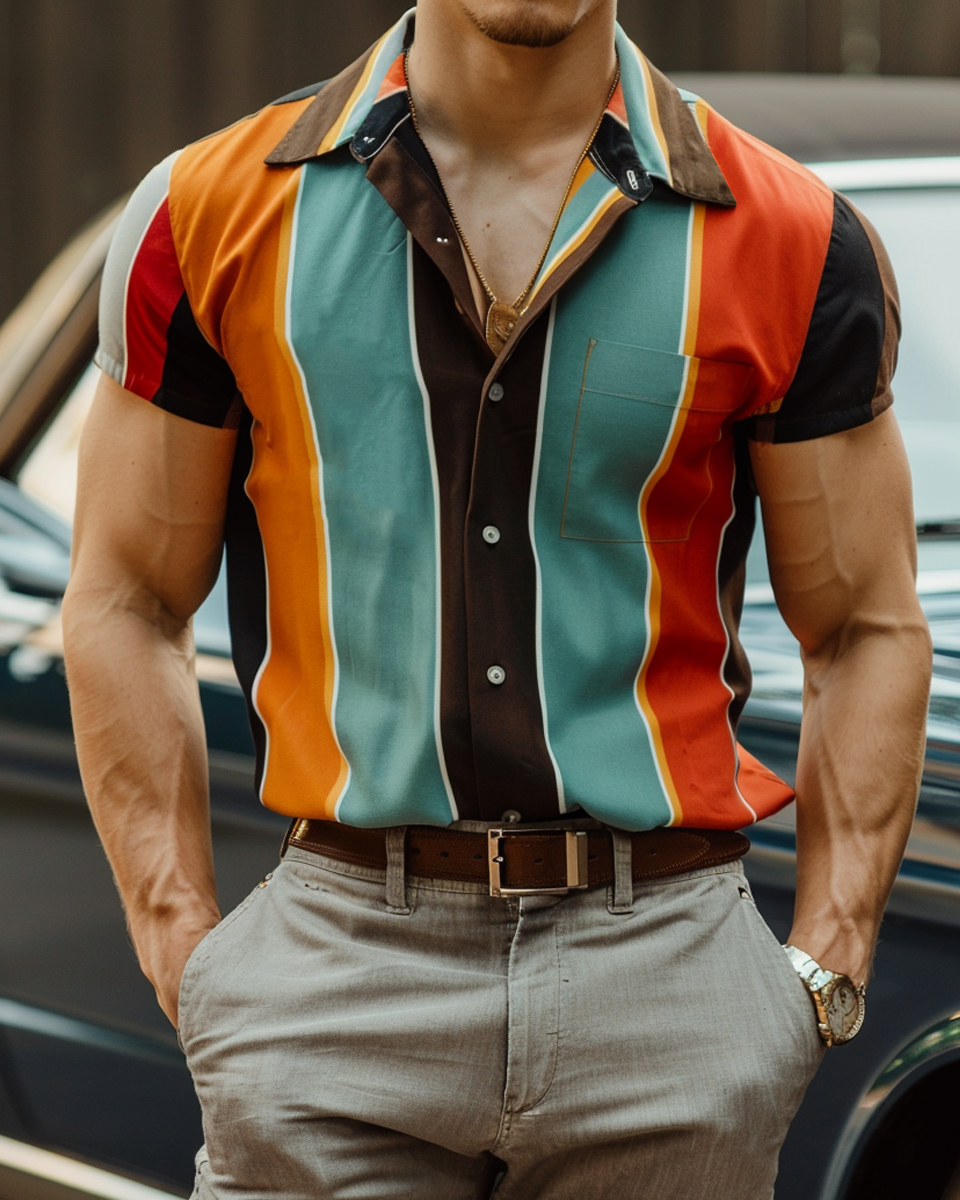 Men's Hawaiian Shirt Stripes Button Down Lightweight Shirt