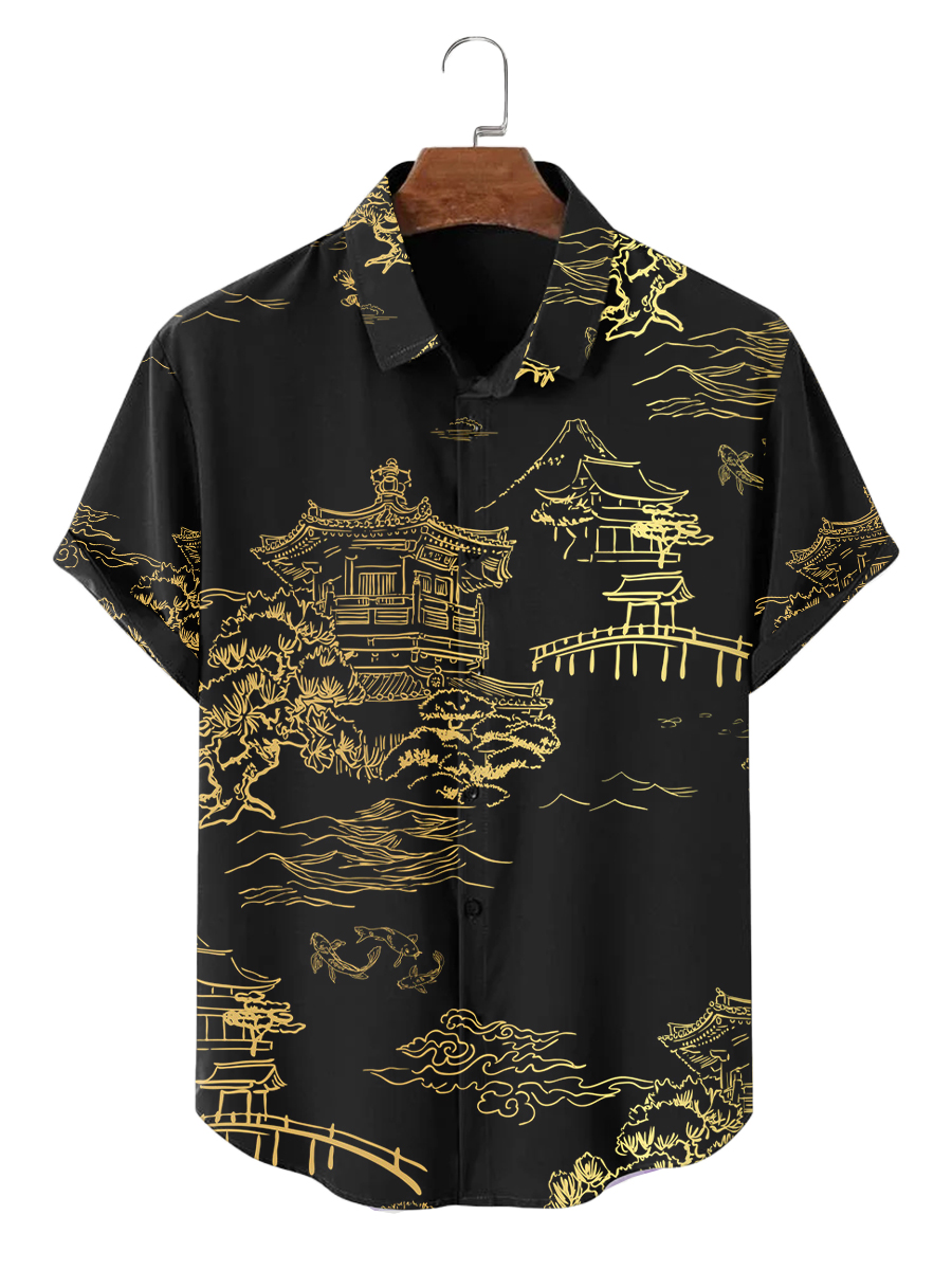 Japanese Style Pavilion Print Short Sleeve Shirt