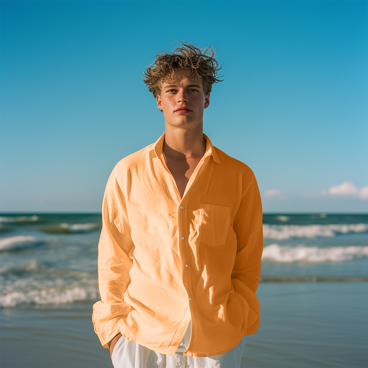 Basic Solid Color Long Sleeve Pocket Hawaiian Shirt