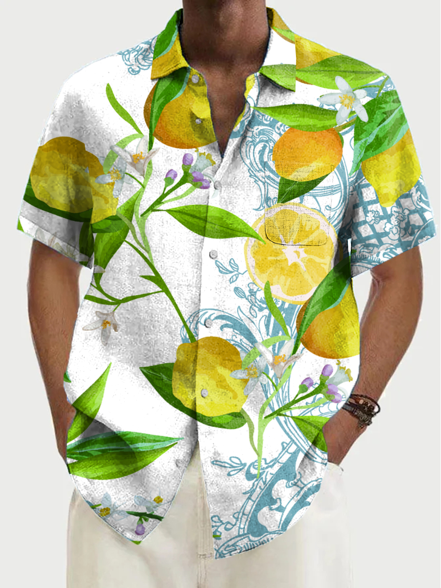 Men's Cotton-Linen Shirt Hawaiian Lemon Breathable Plus Size Shirts