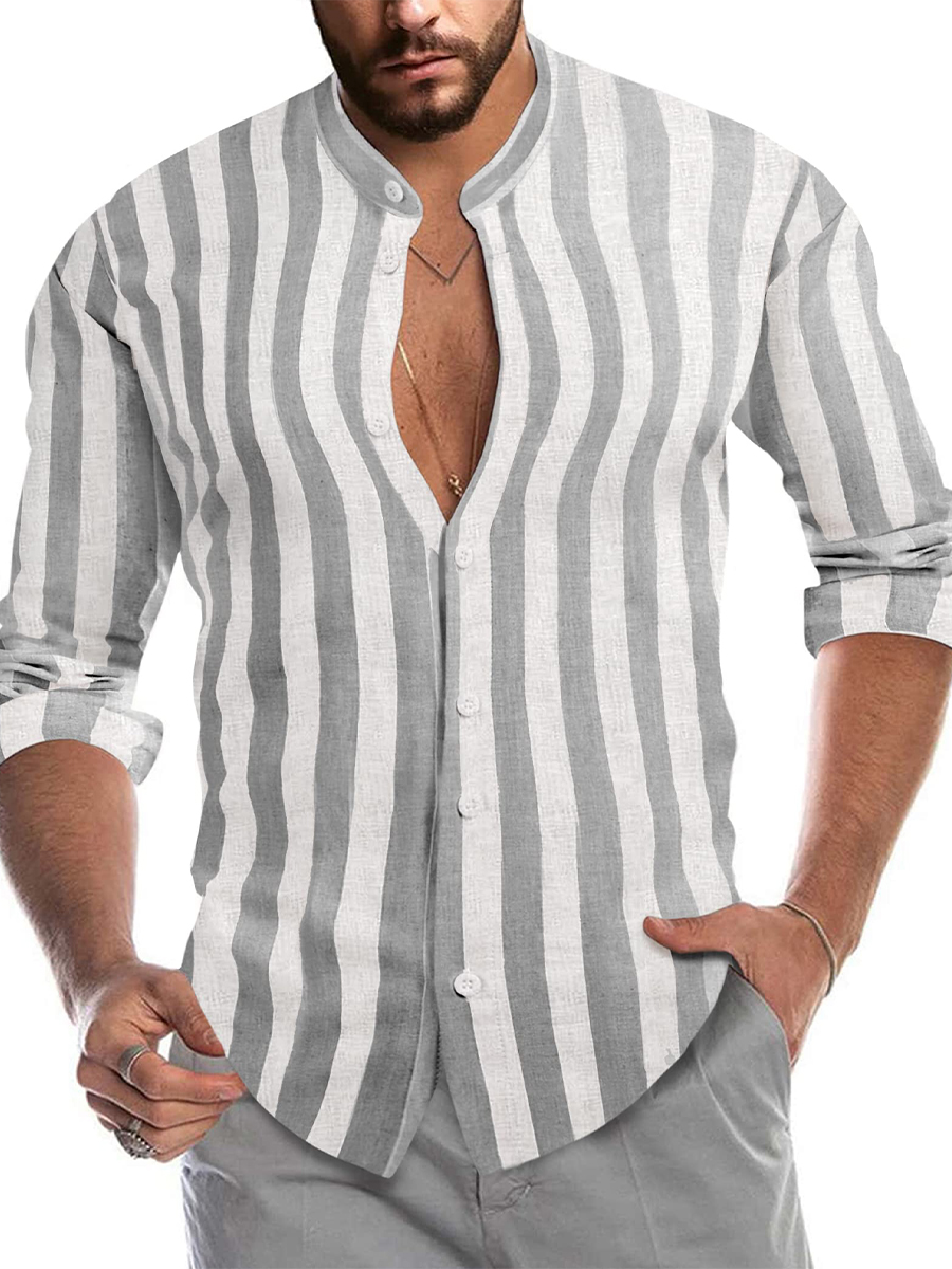 Casual Stripes Print Easy Care Aloha Long Sleeve Shirts