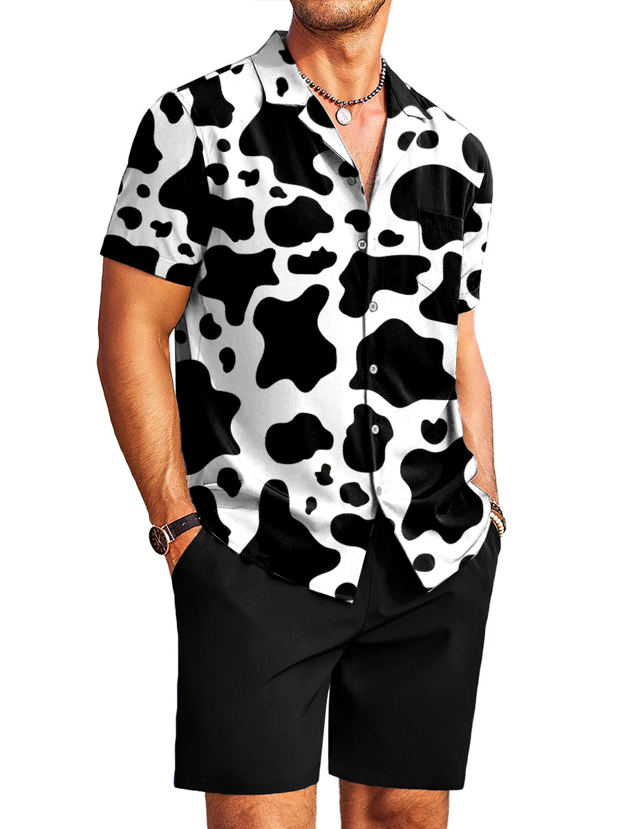 Men's Sets Hawaiian Cow Pattern Button Down Two-Piece Shirt Shorts Set