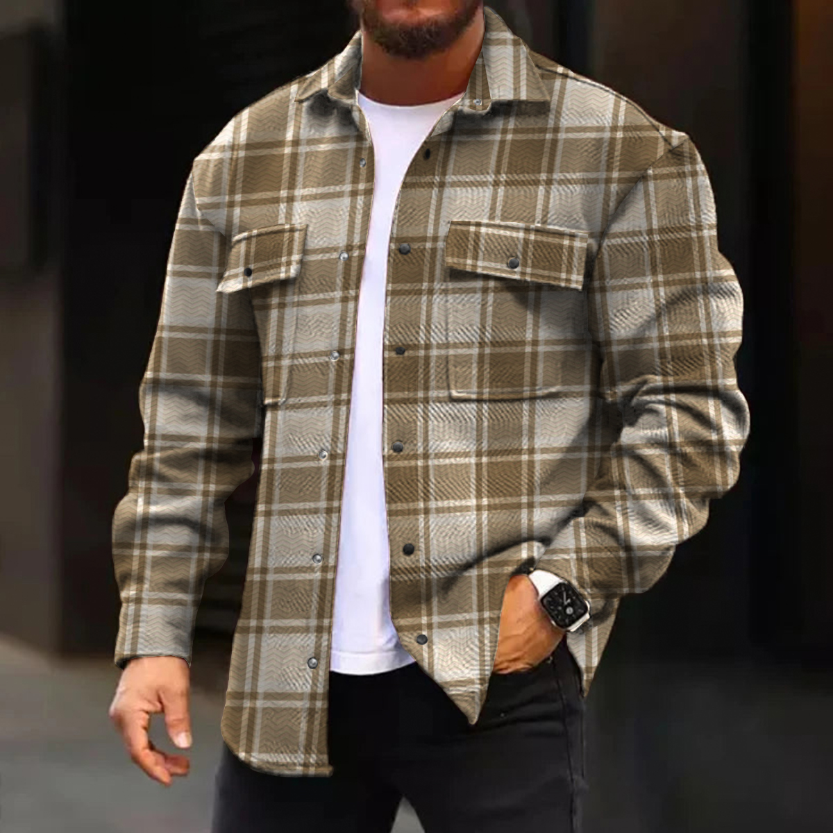 Men's Casual Jacket Vintage Plaid Pattern Long Sleeve Pockets Shirt Jacket