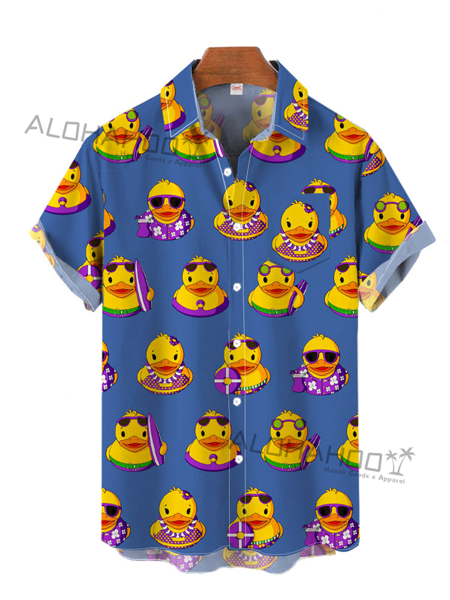 Navy Cartoon Rubber Ducks Vacation Pattern Print Breast Pocket Short Sleeve Shirt