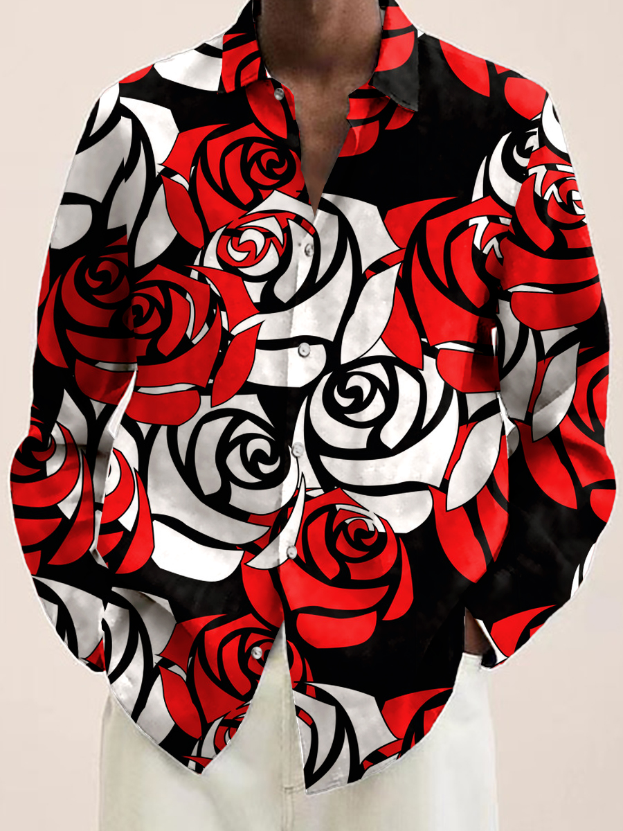 Men's Casual 2 Print Rose Plus Size Long Sleeve Shirts