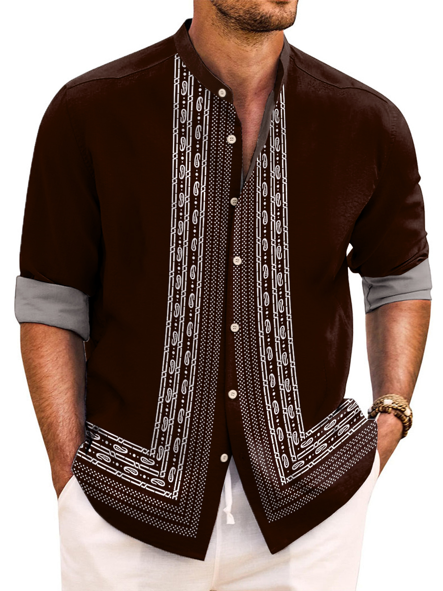 Vintage Paisley Art Print Band Collar Long Sleeve Hawaiian Shirt