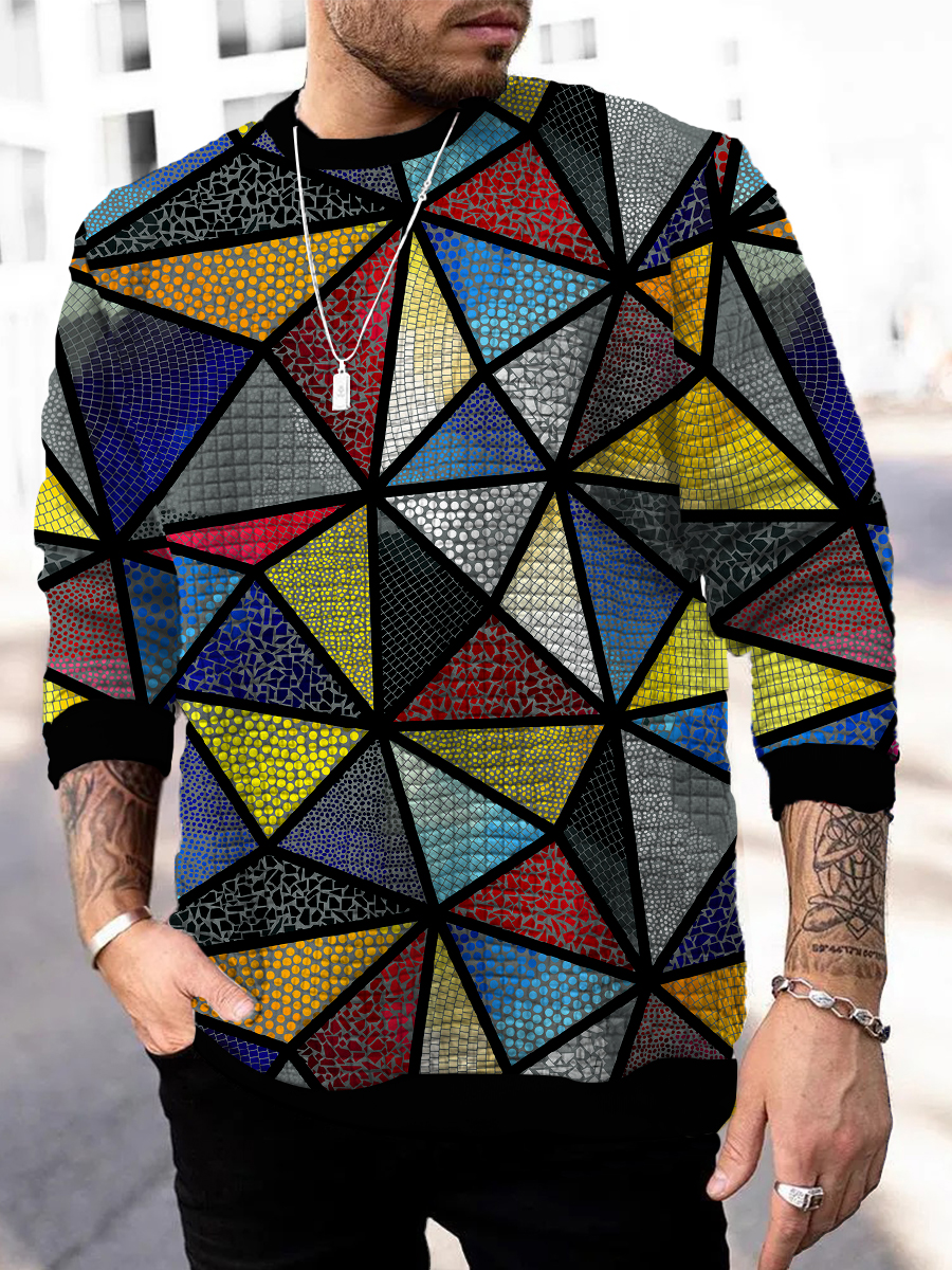 Men's Square Pattern Sweatshirt Geometry Print Long Sleeve Sweatshirt