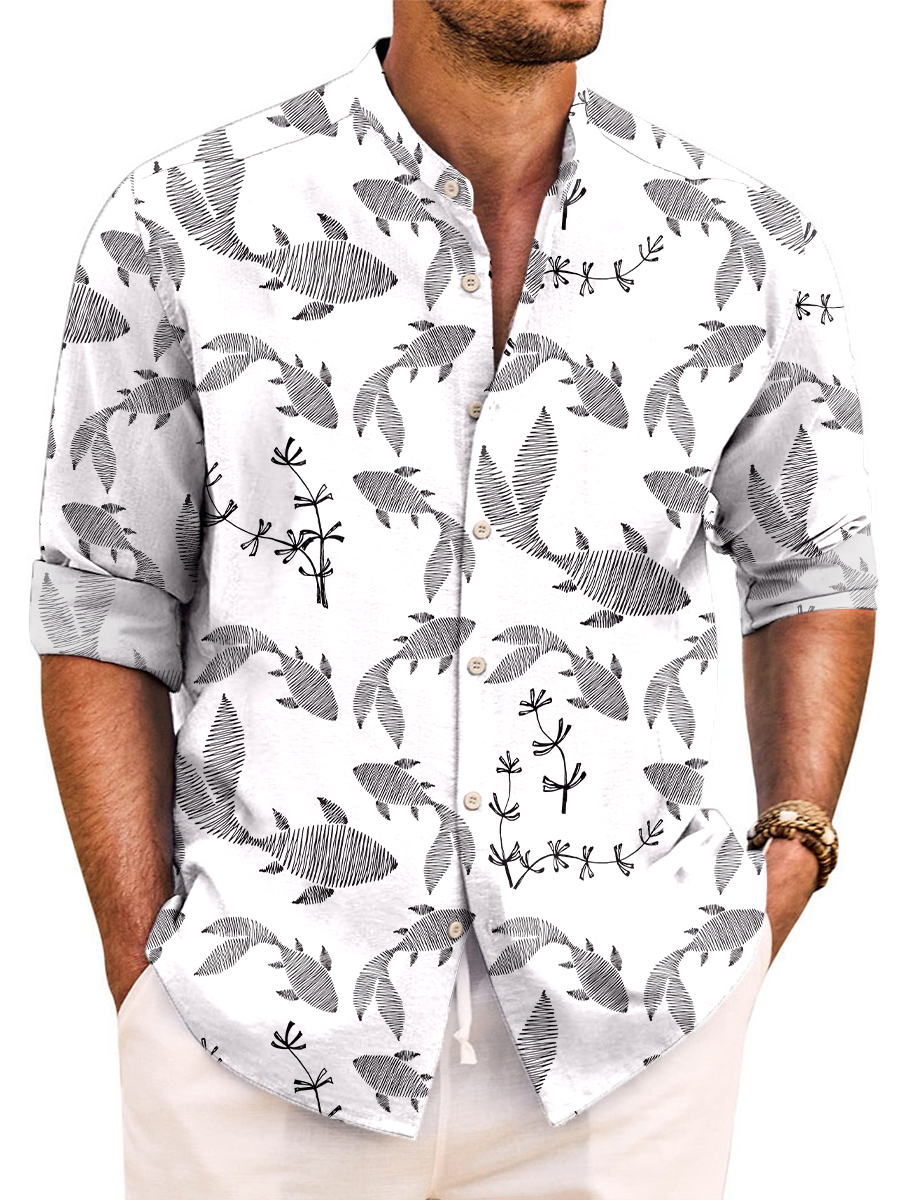 Retro Japanese Style Koi Print Long Sleeve Band Collar Hawaiian Shirt