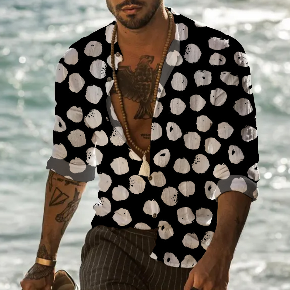 Retro Polka Dots Pattern Easy Care Aloha Long Sleeve Shirts