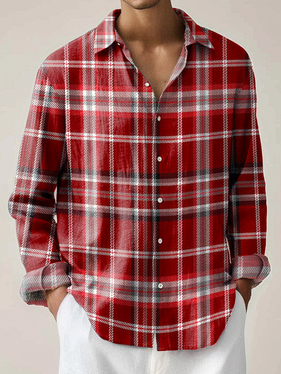 Men's Holiday Red Plaid Print Long Sleeve Shirt