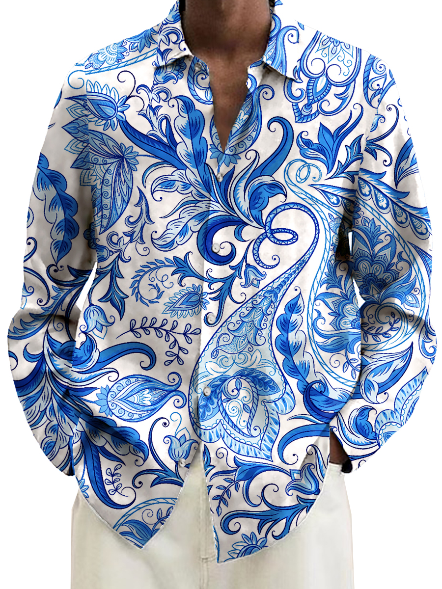 Retro Paisley Blue And White Porcelain Print Long Sleeve Hawaiian Shirt