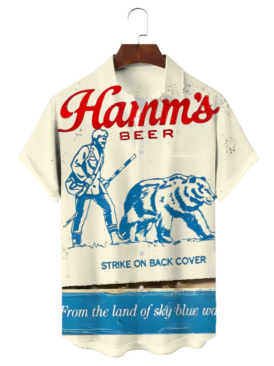 50's Retro Beer Movie Men's Hawaiian Shirts Fun Cartoon Bear Stretch Aloha Camp Pocket Shirts