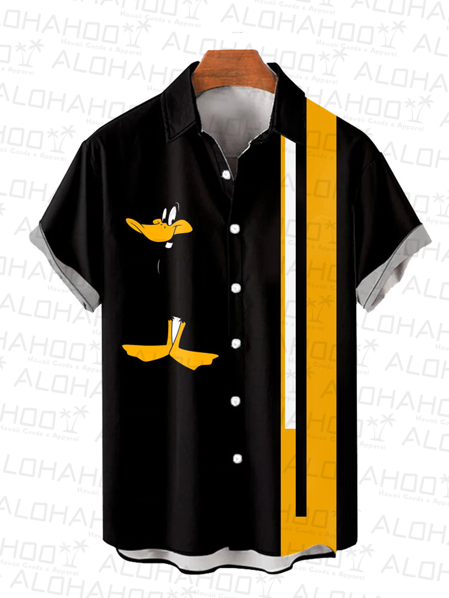 Retro Orange And Black Stripe And Duck Cartoon Costume Print Short Sleeve Shirt
