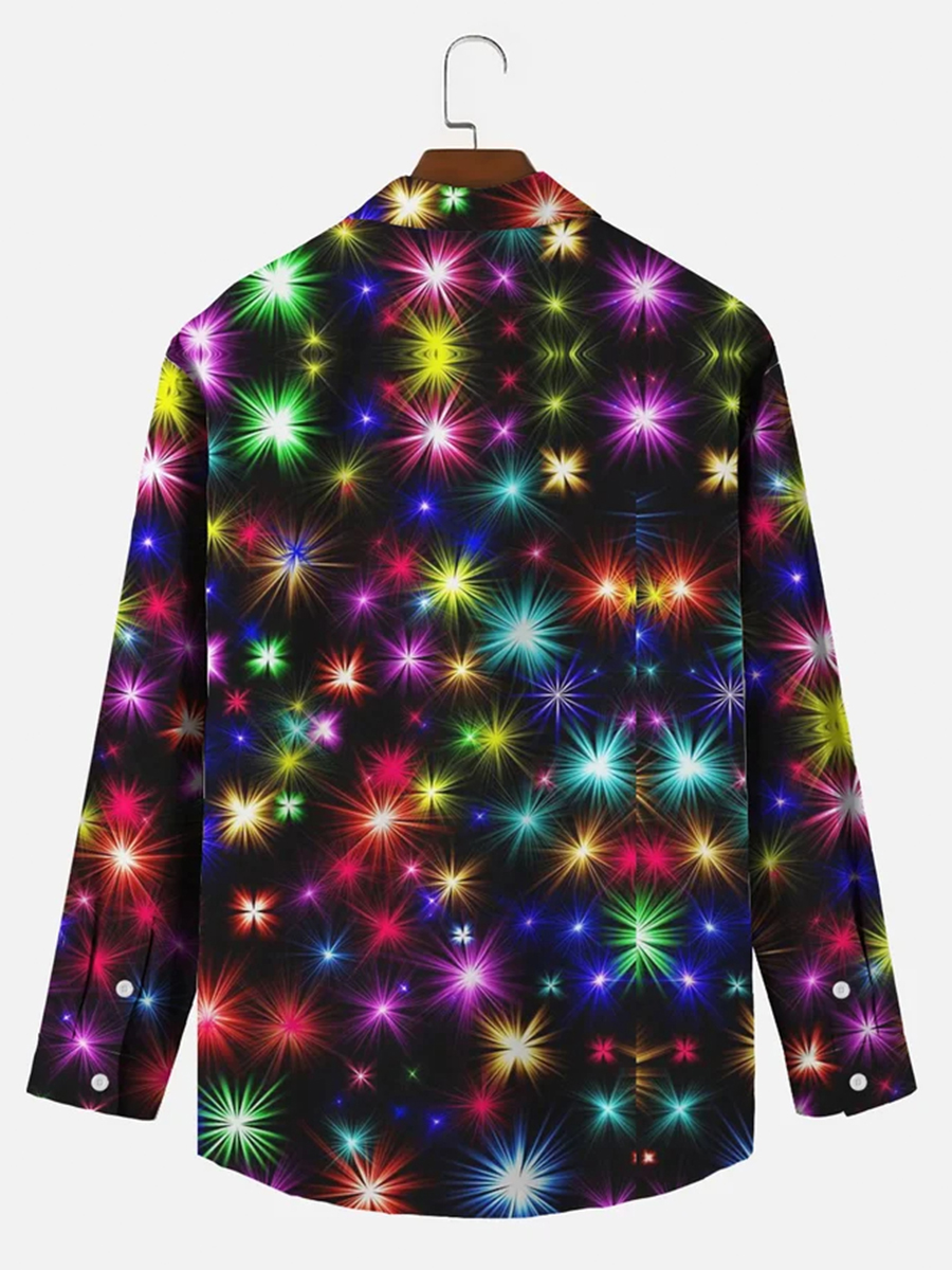 Holiday Christmas Fireworks Print Men's Button Pocket Long Sleeve Shirt