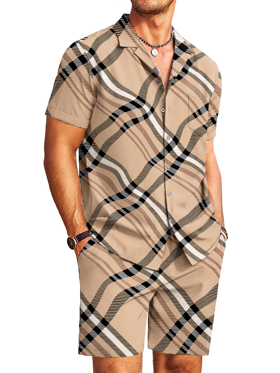 Men's Sets Hawaiian Abstract Plaid Print Button Pocket Two-Piece Shirt Shorts Set