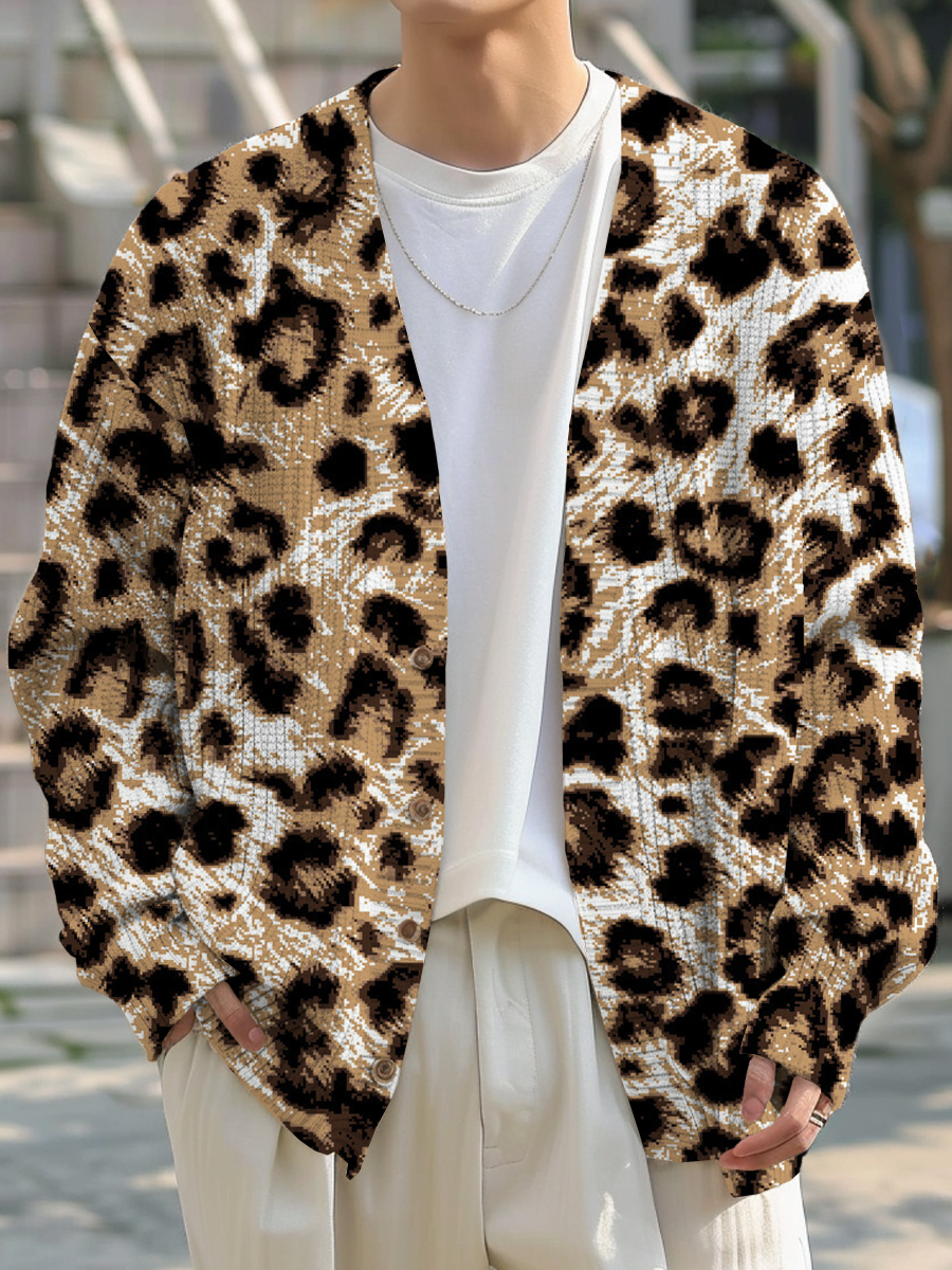 Men's Sweater Stylish Leopard Printed Buttoned Cardigan Sweater