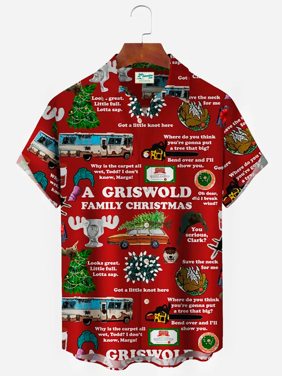 Men's Hawaiian Shirt Stretch Aloha Pocket Christmas Cartoon Camp Shirts