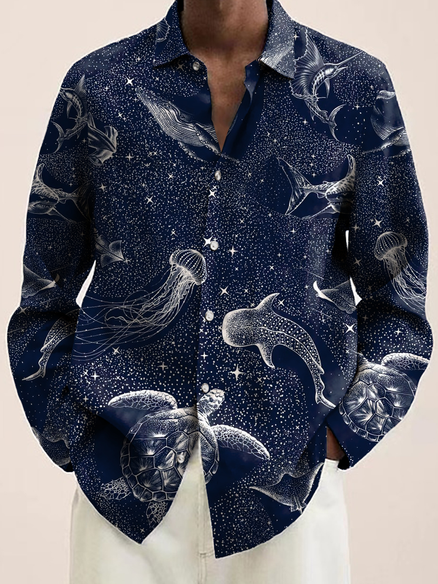 Men's Underocean Starry Night Print Long Sleeve Hawaiian Shirt