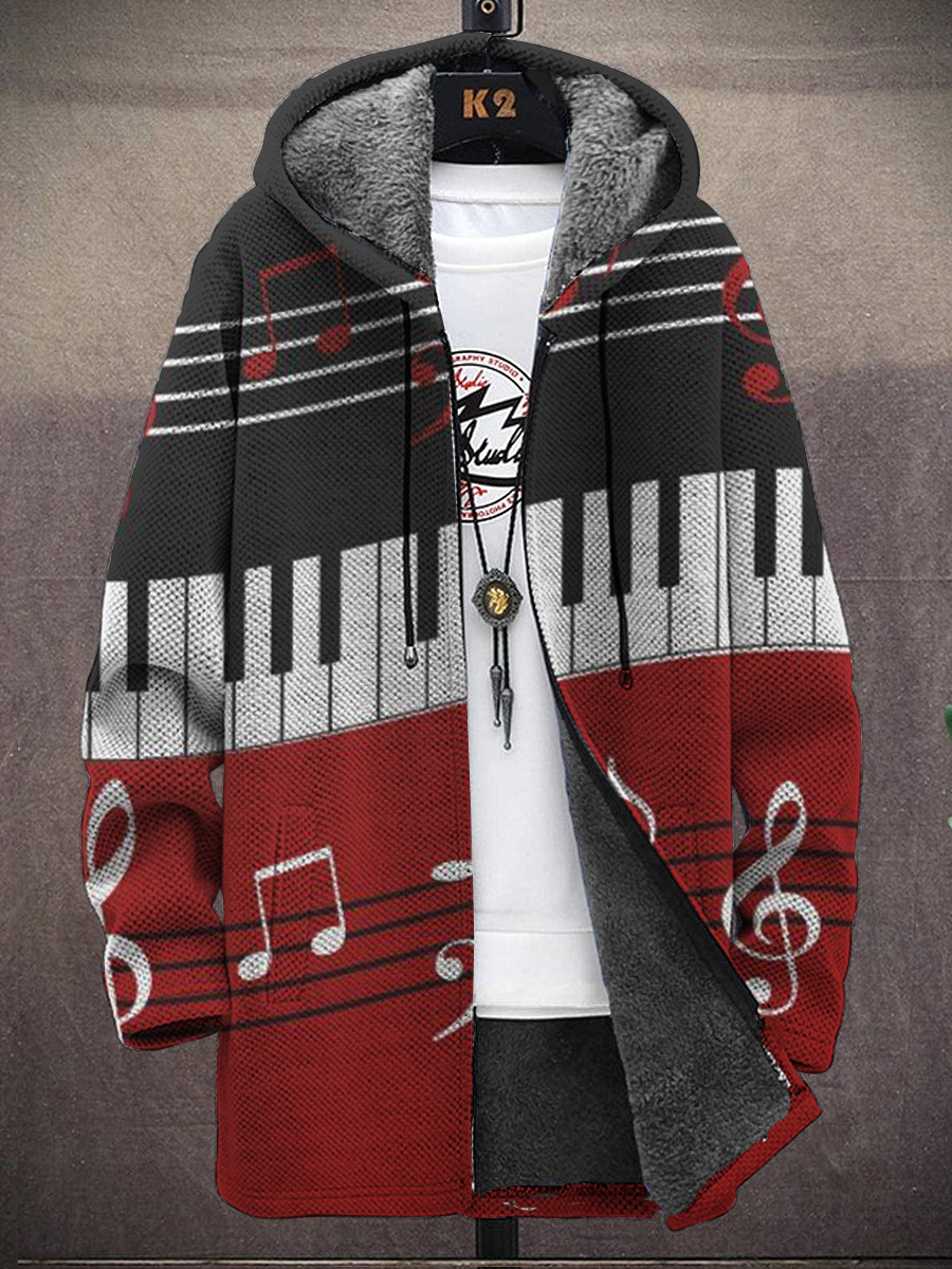 Men's Art Piano Keys Print Hooded Two-Pocket Fleece Cardigan Jacket