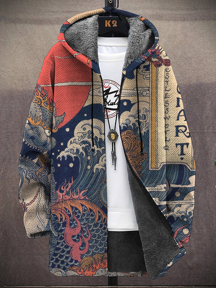 Men's Art Japanese Style Print Hooded Two-Pocket Fleece Cardigan Jacket