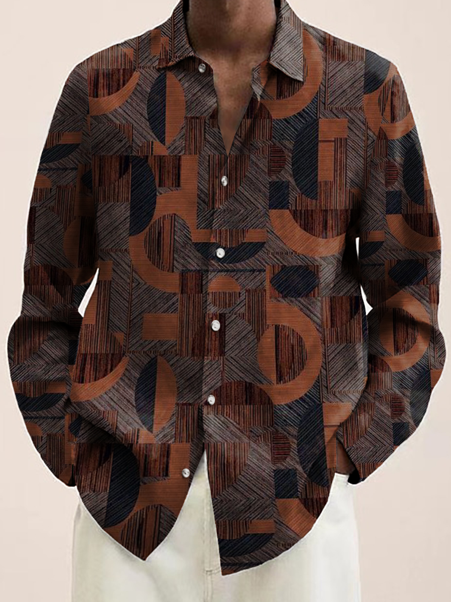 Men's Casual Shirt Vintage Geometry Long Sleeve Print Shirt