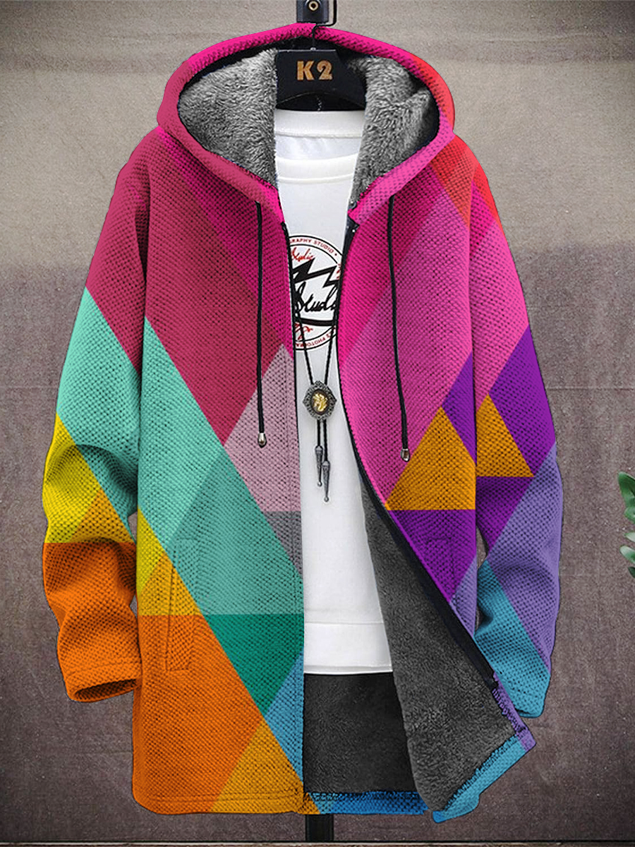 Men's Art Modern ColorBlock Print Hooded Two-Pocket Fleece Jacket