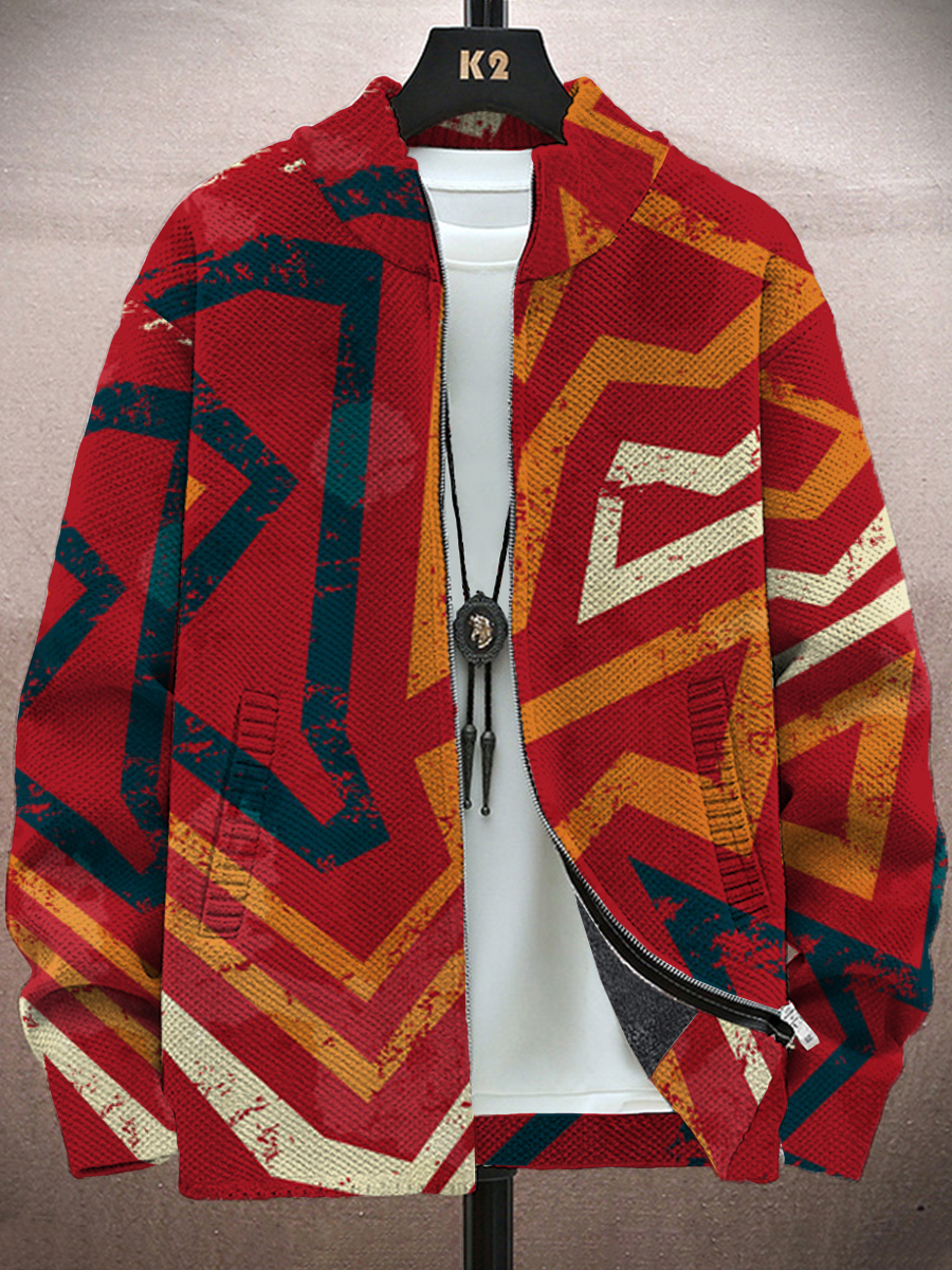Men's Jacket Abstract Stripes Print Long-Sleeved Zip Cardigan Jacket