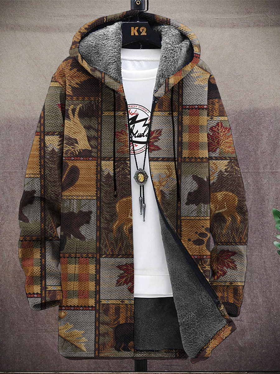 Men's Retro Animal Puzzle Print Hooded Two-Pocket Fleece Cardigan Jacket