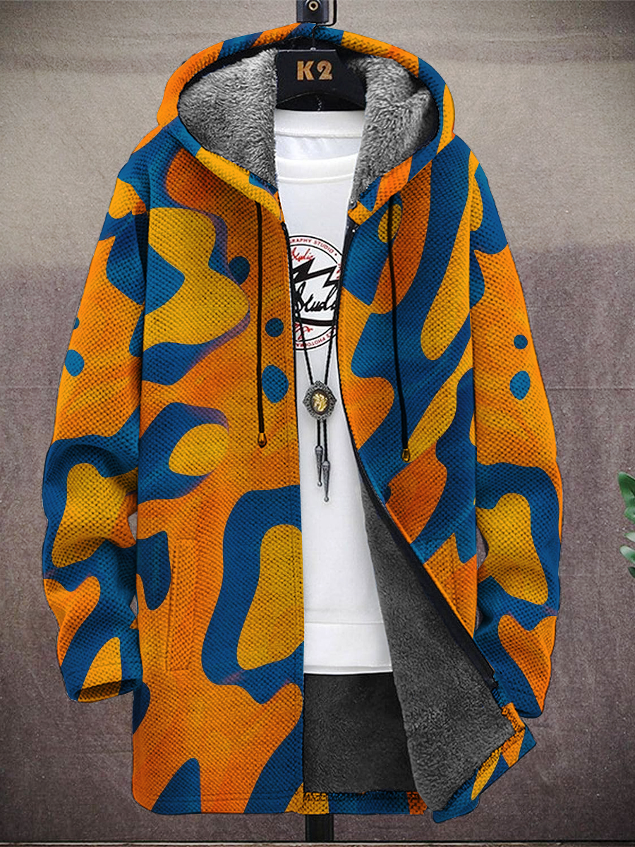 Men's Art Liquid Texture Print Hooded Two-Pocket Fleece Cardigan Jacket