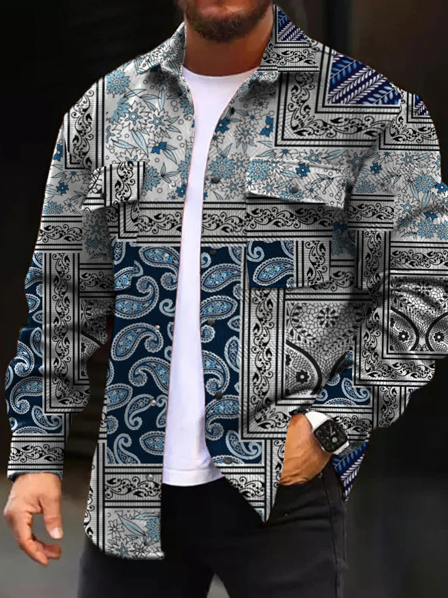 Men's Casual Jacket Art Splicing Print Long Sleeve Pockets Jacket