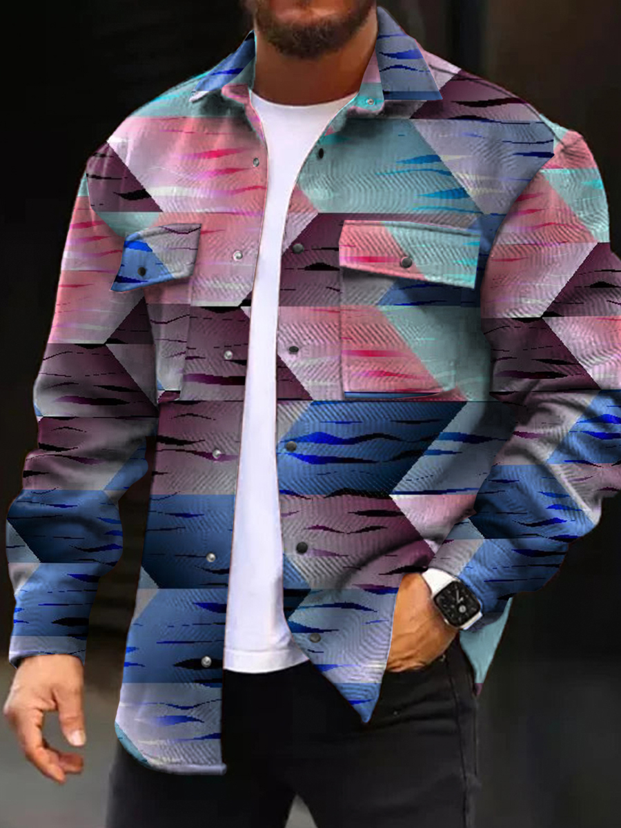Men's Casual Jacket Fashion Rhombus Print Long Sleeve Pocket Jacket