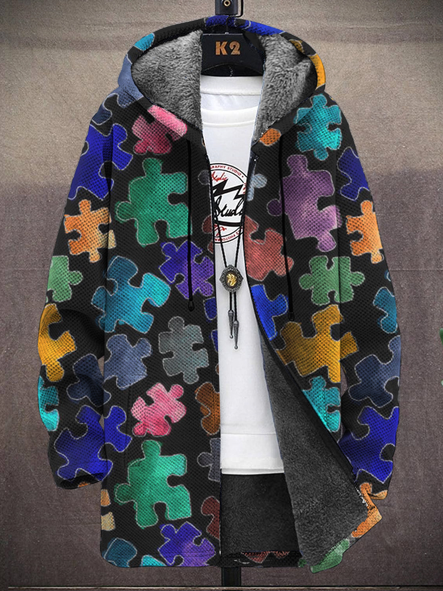 Men's Puzzle Pieces Print Hooded Two-Pocket Fleece Cardigan Jacket