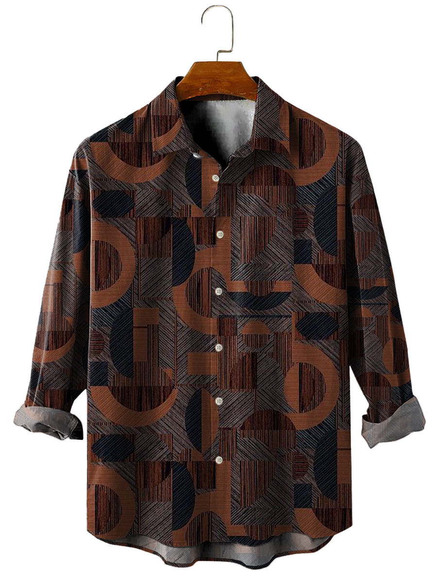 Men's Casual Shirt Vintage Geometry Long Sleeve Print Shirt