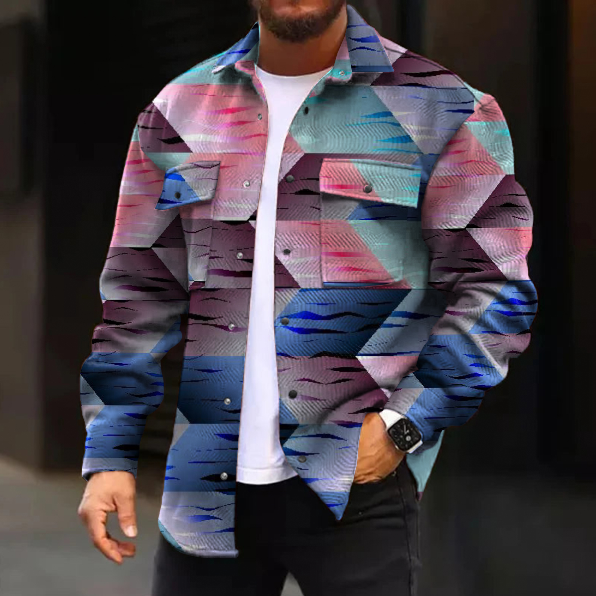 Men's Casual Jacket Fashion Rhombus Print Long Sleeve Pocket Jacket