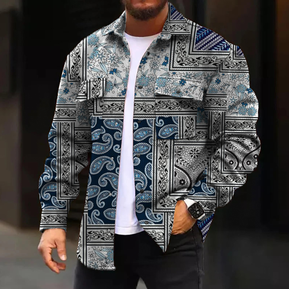 Men's Casual Jacket Art Splicing Print Long Sleeve Pockets Jacket