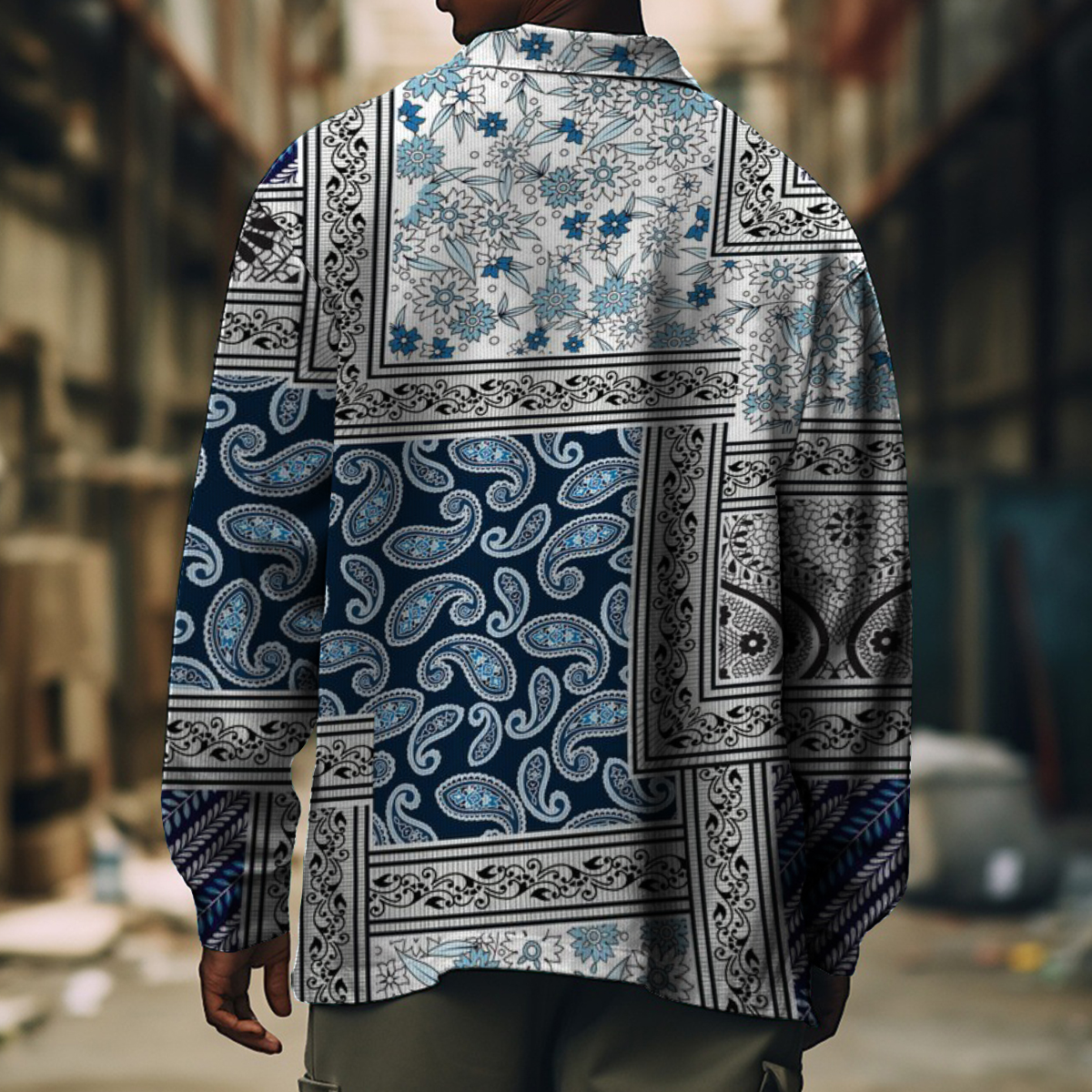 Men's Casual Jacket Art Splicing Print Long Sleeve Pockets Jacket
