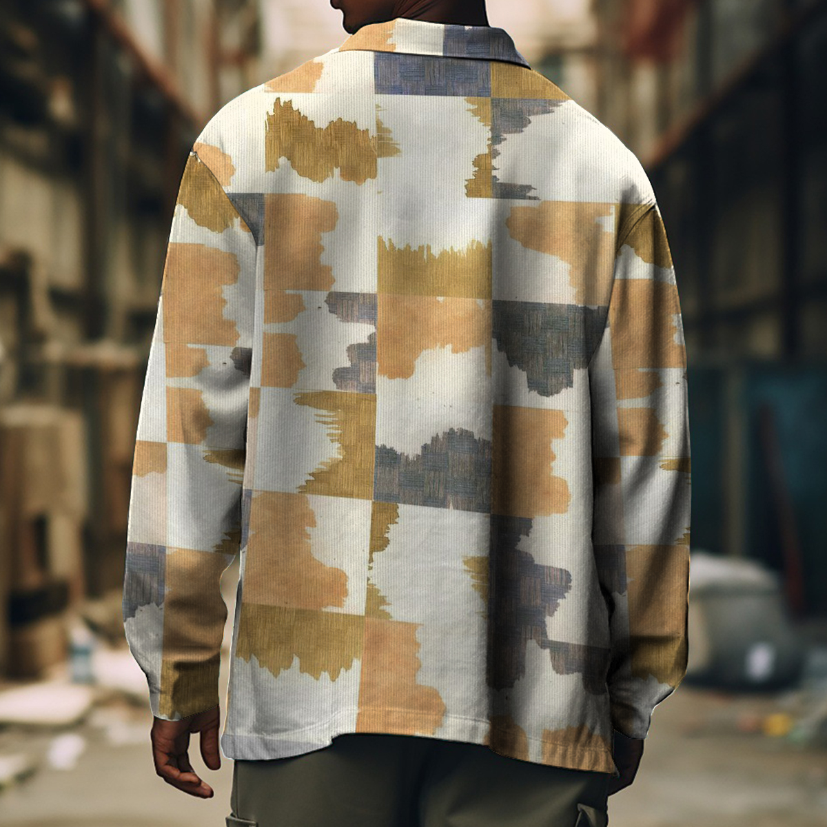 Men's Casual Jacket Retro Geometric Pattern Long Sleeve Pockets Shirt Jacket