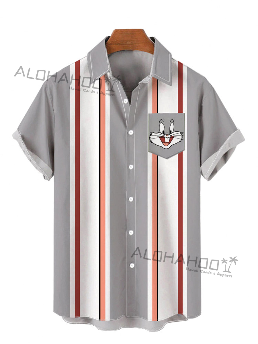 Retro Gray And White Stripes And Cartoon Bunny Breast Pocket Short Sleeve Shirt