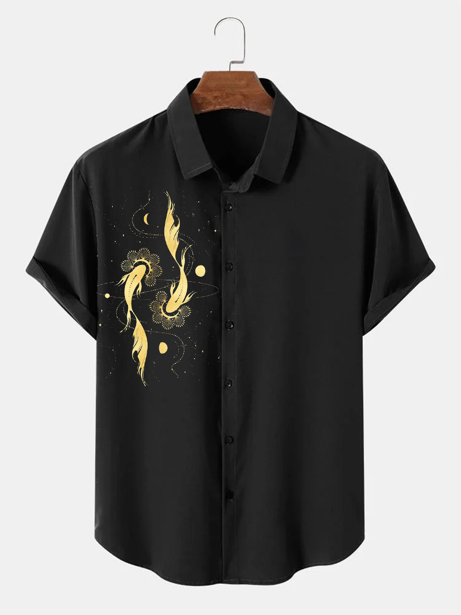 Japanese Style Golden Koi Pattern Short Sleeve Shirt