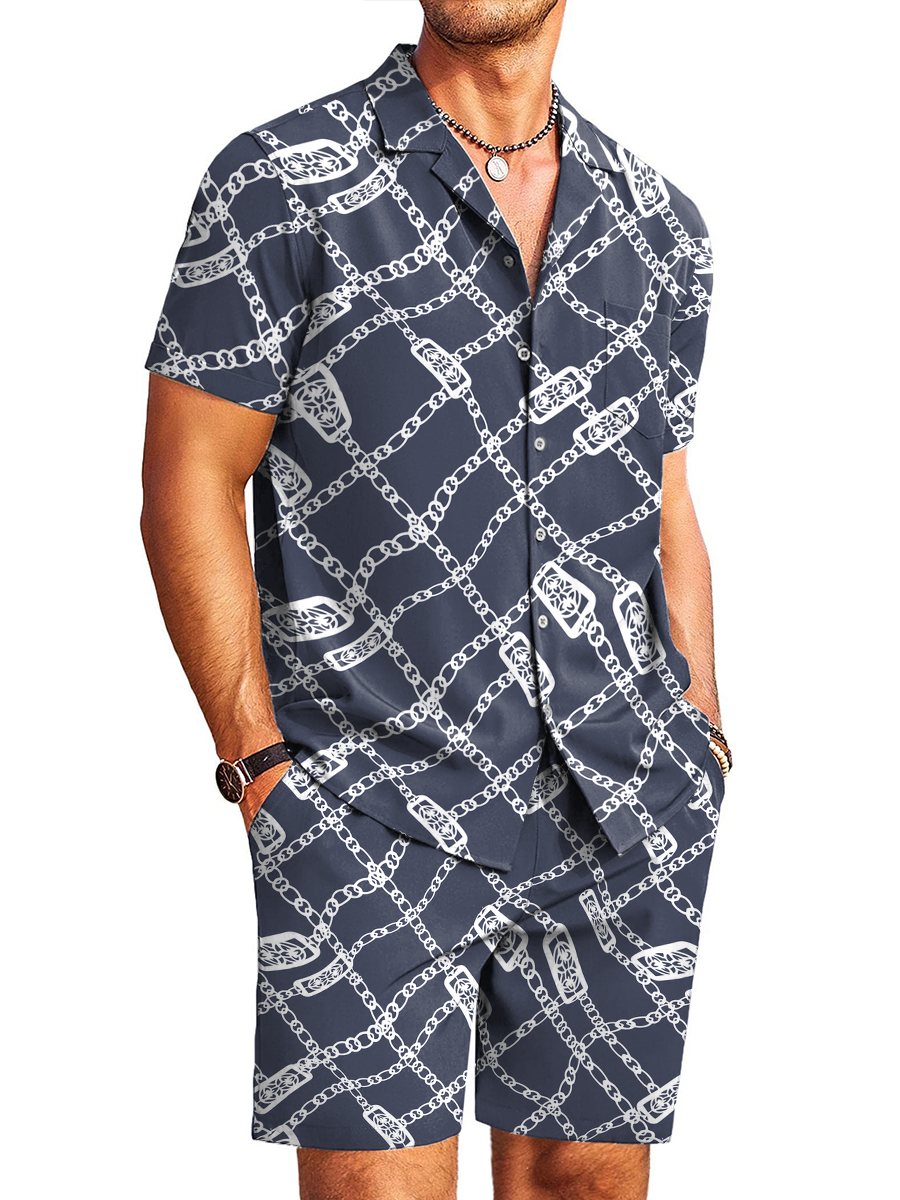 Men's Sets Navy Chain Pattern Button Pocket Two-Piece Shirt Shorts Set