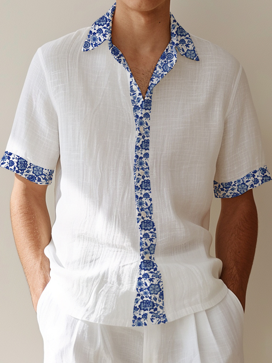 Men's Cotton-Linen Shirts Casual Natural Blue Flower Breathable Summer Lightweight Hawaiian Shirts