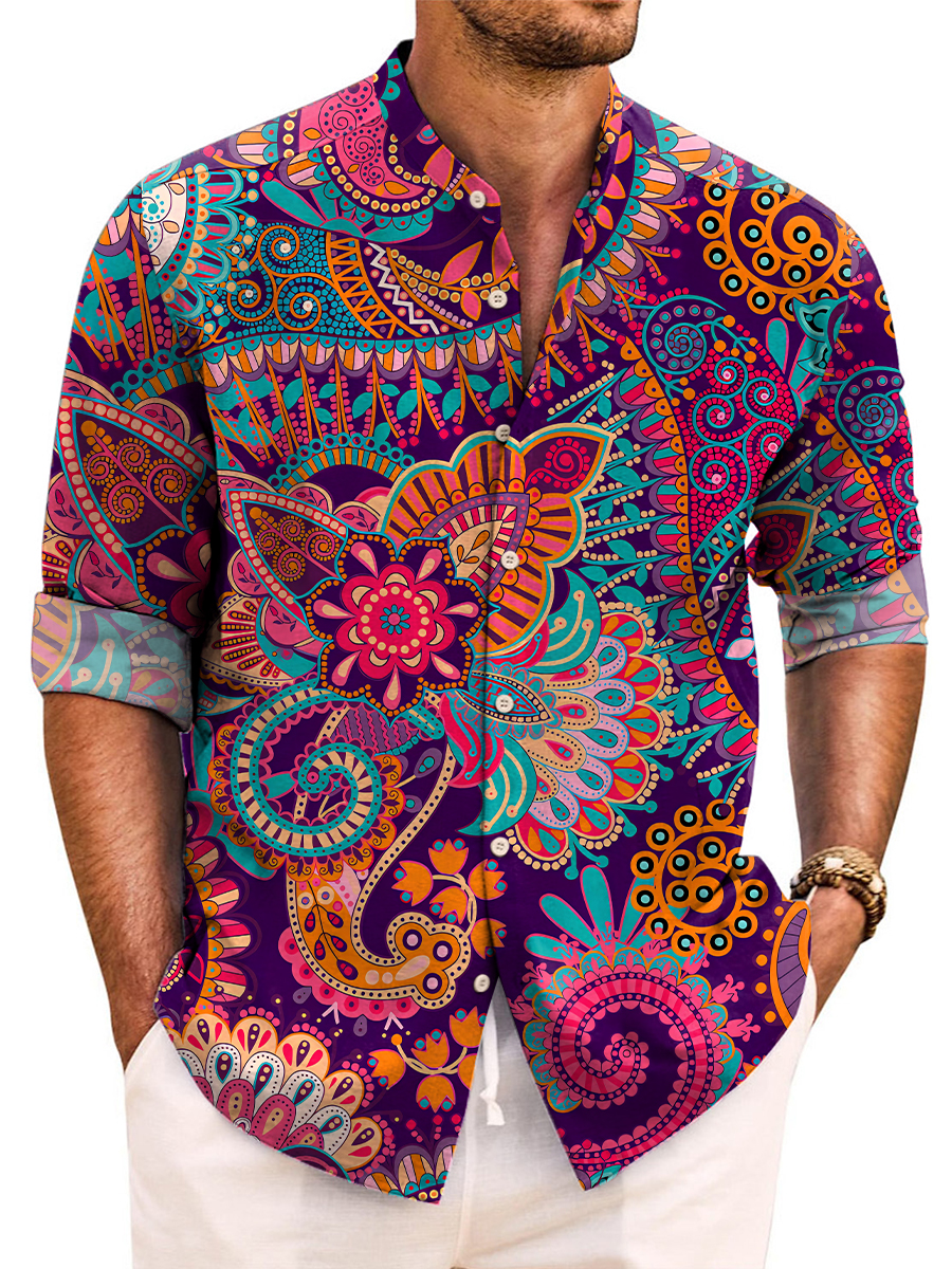Retro Paisley Print Long Sleeve Band Collar Hawaiian Shirt