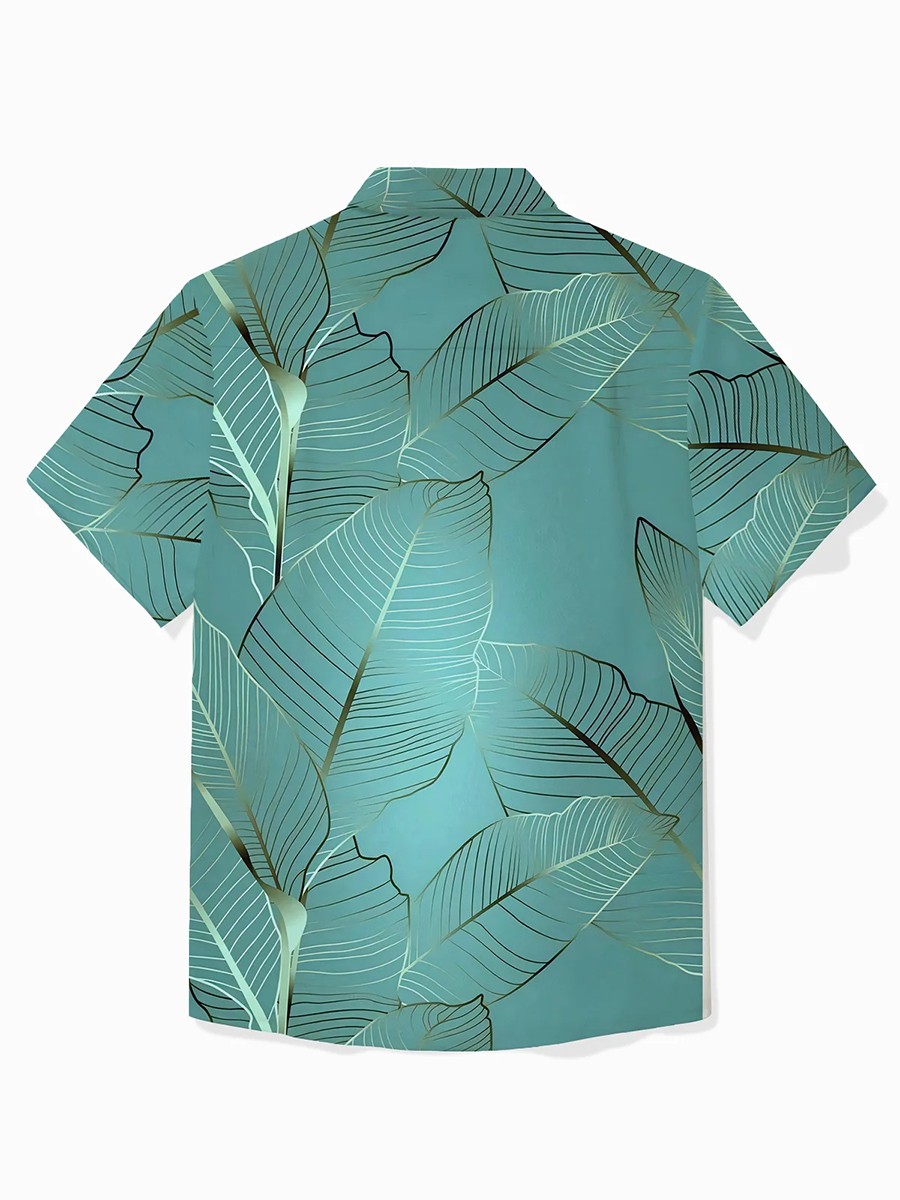 Hawaiian Botanical Gold Leaf Print Men's Button Pocket Shirt