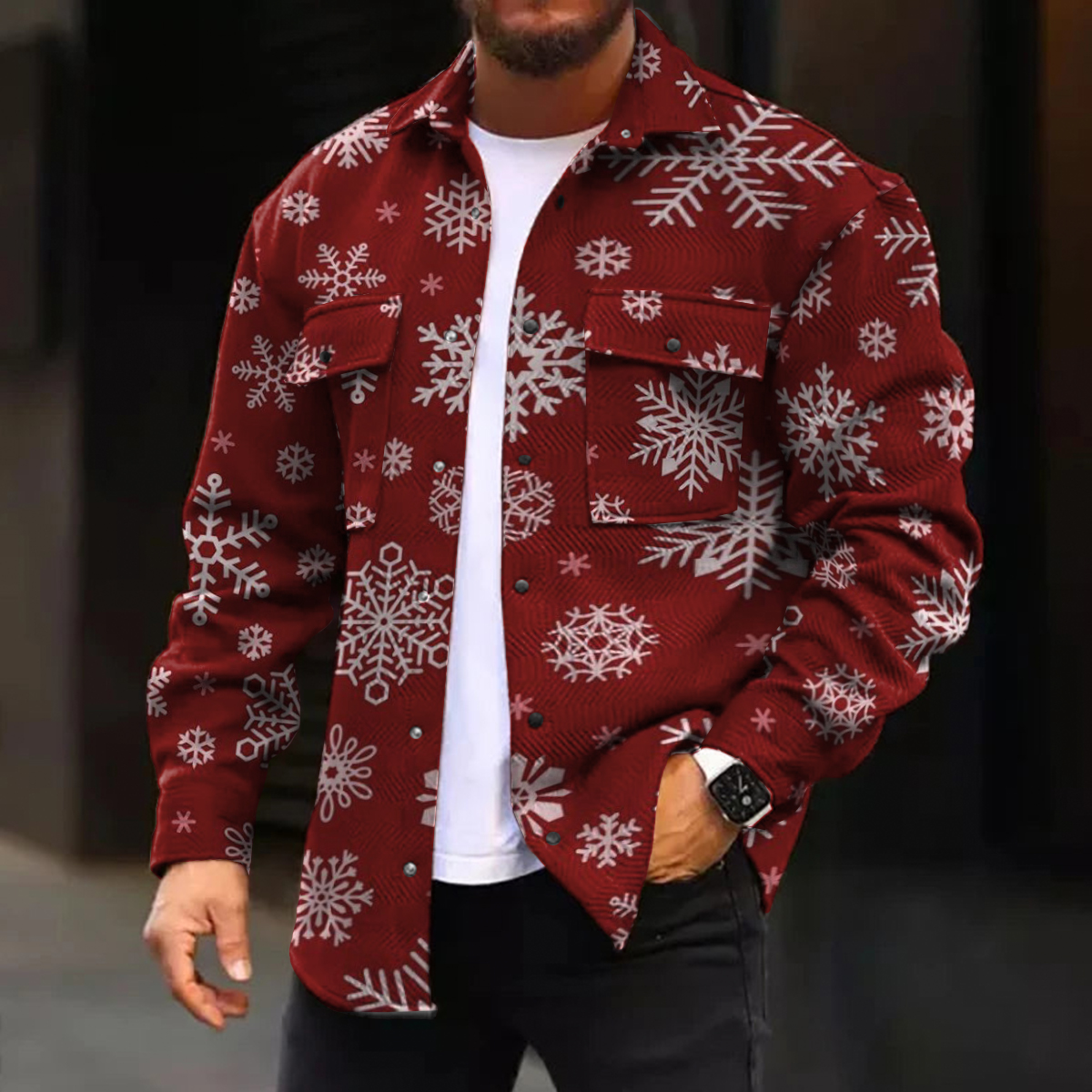 Men's Casual Jacket Snowflakes Long Sleeve Pockets Christmas Shirt Jacket