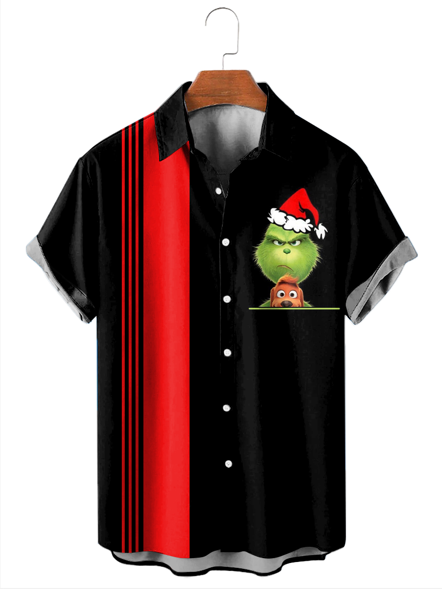 Happy Holidays Christmas Pattern Short Sleeve Shirts Stretch Plus Size Button Bowling Shirts