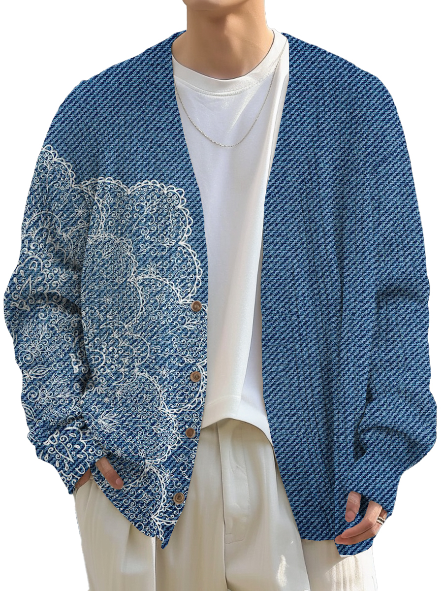 Men's Sweater Stylish Floral Printed Buttoned Cardigan Sweater