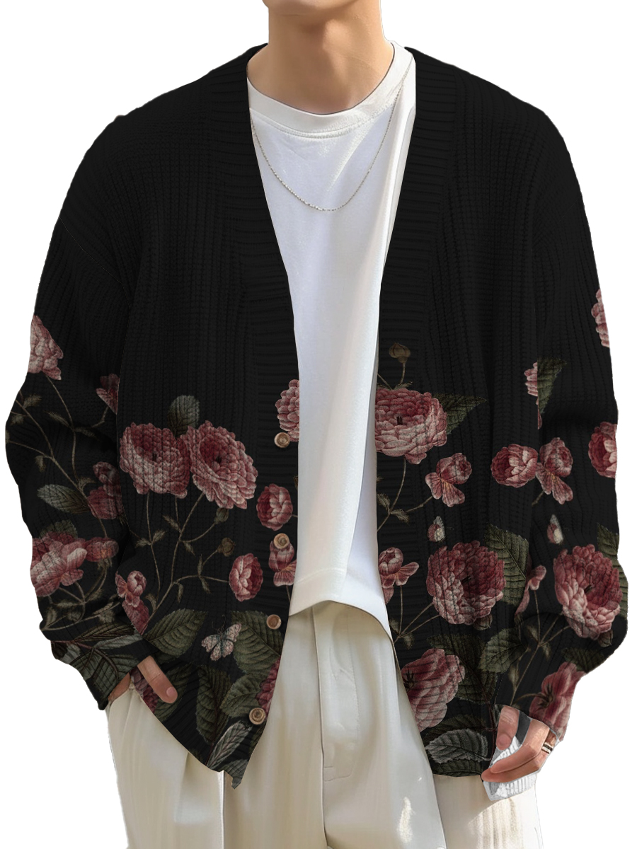 Men's Sweater Stylish Hand Drawn Floral Buttoned Cardigan Sweater