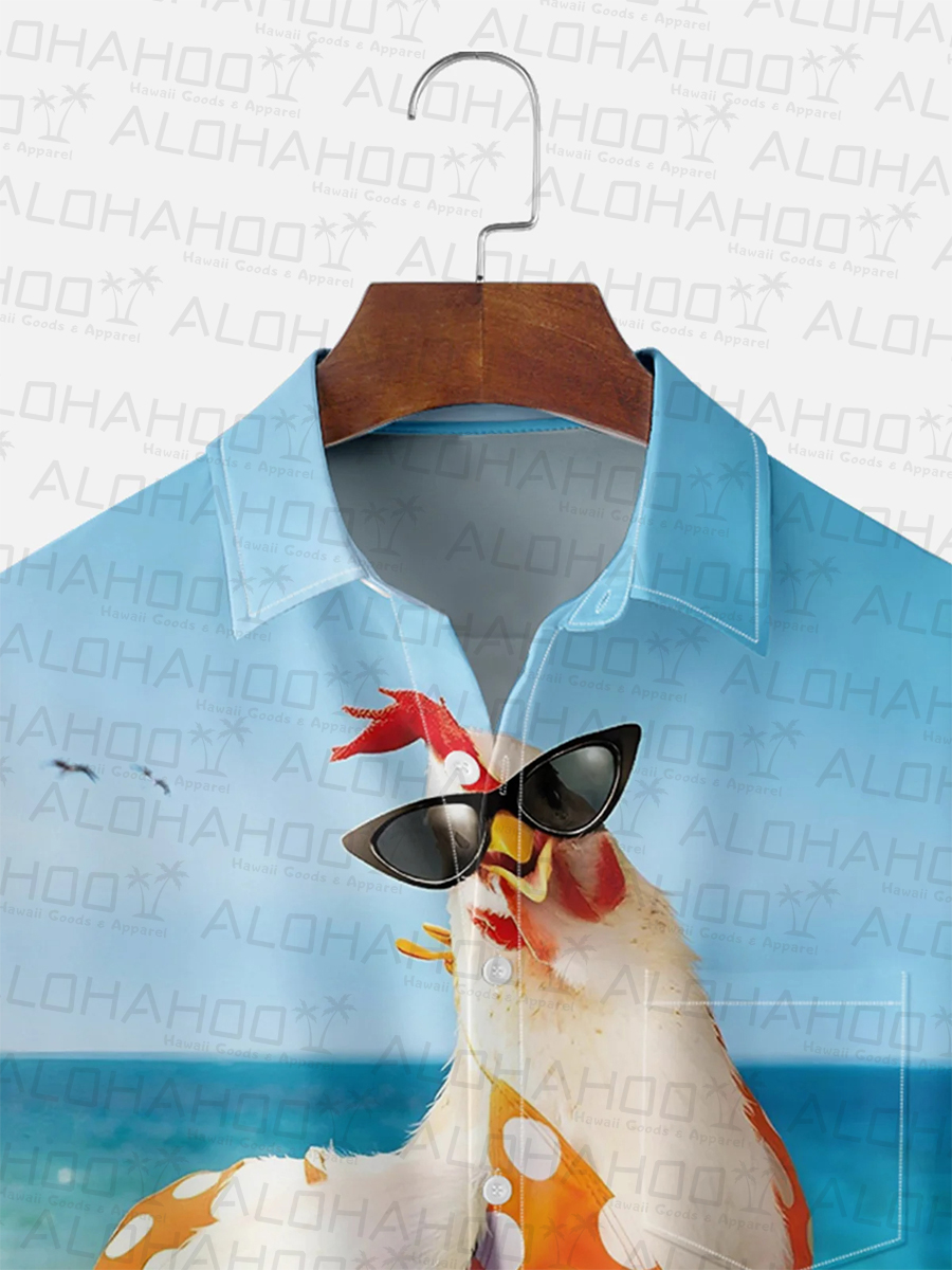 Moisture-wicking Ombre Beach Chicken Chest Pocket Hawaiian Shirt