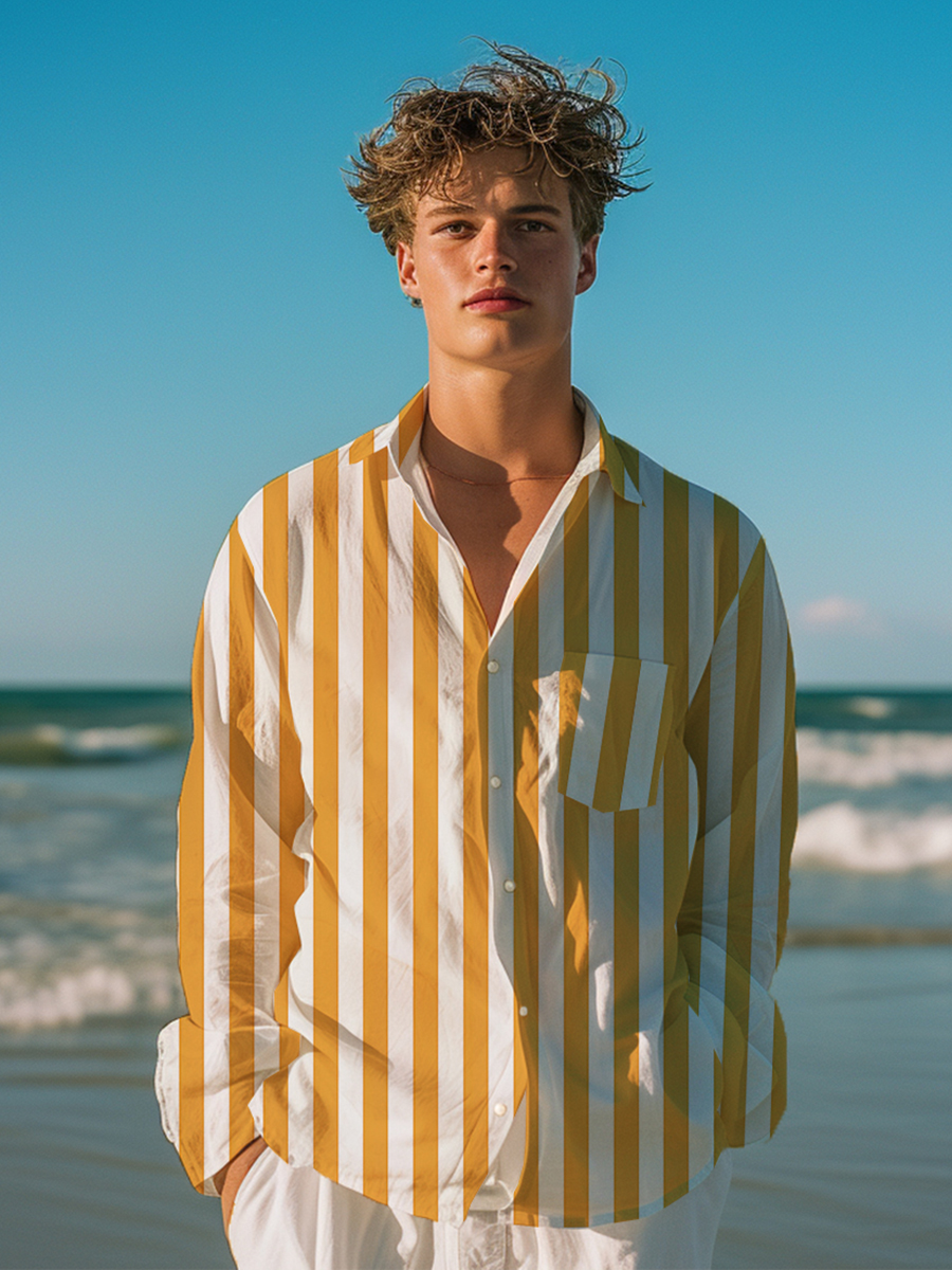 Basic Stripes Pattern Long Sleeve Pocket Hawaiian Shirt