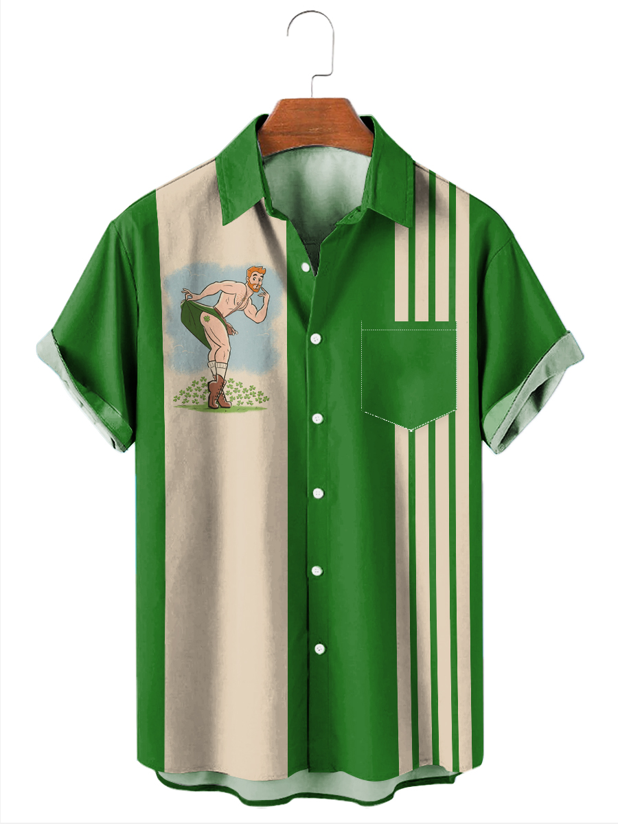 St. Patrick's Day Funny Print Bowling Style Short Sleeve Shirt